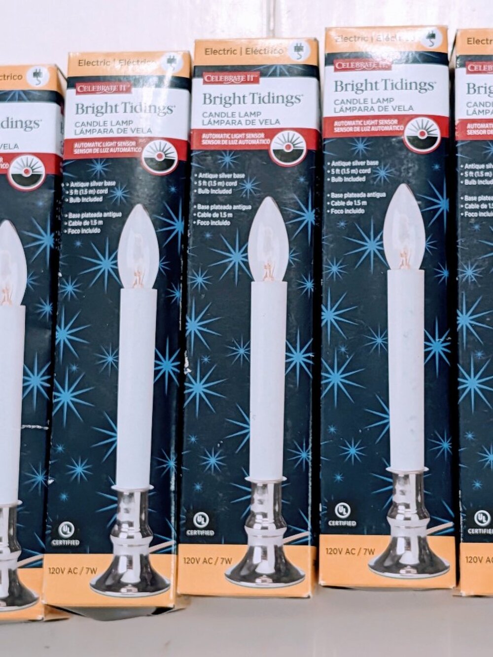 Lot of 5 VTG NOS Celebrate It Bright Tidings 9" Electric Candle Lamps Silver